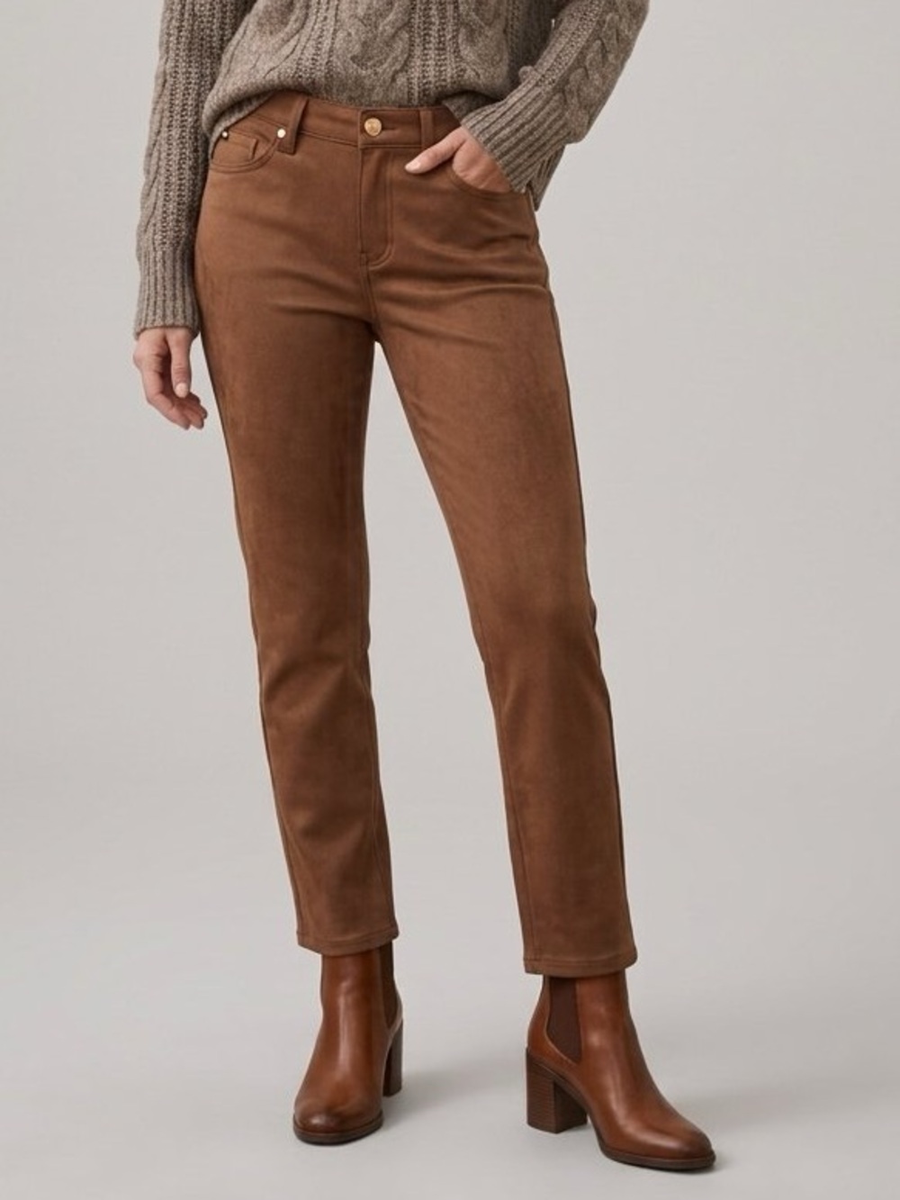 DKNY Women's Mid Rise Straight Suede Pants in Burnt Sugar Brown Polished NWT